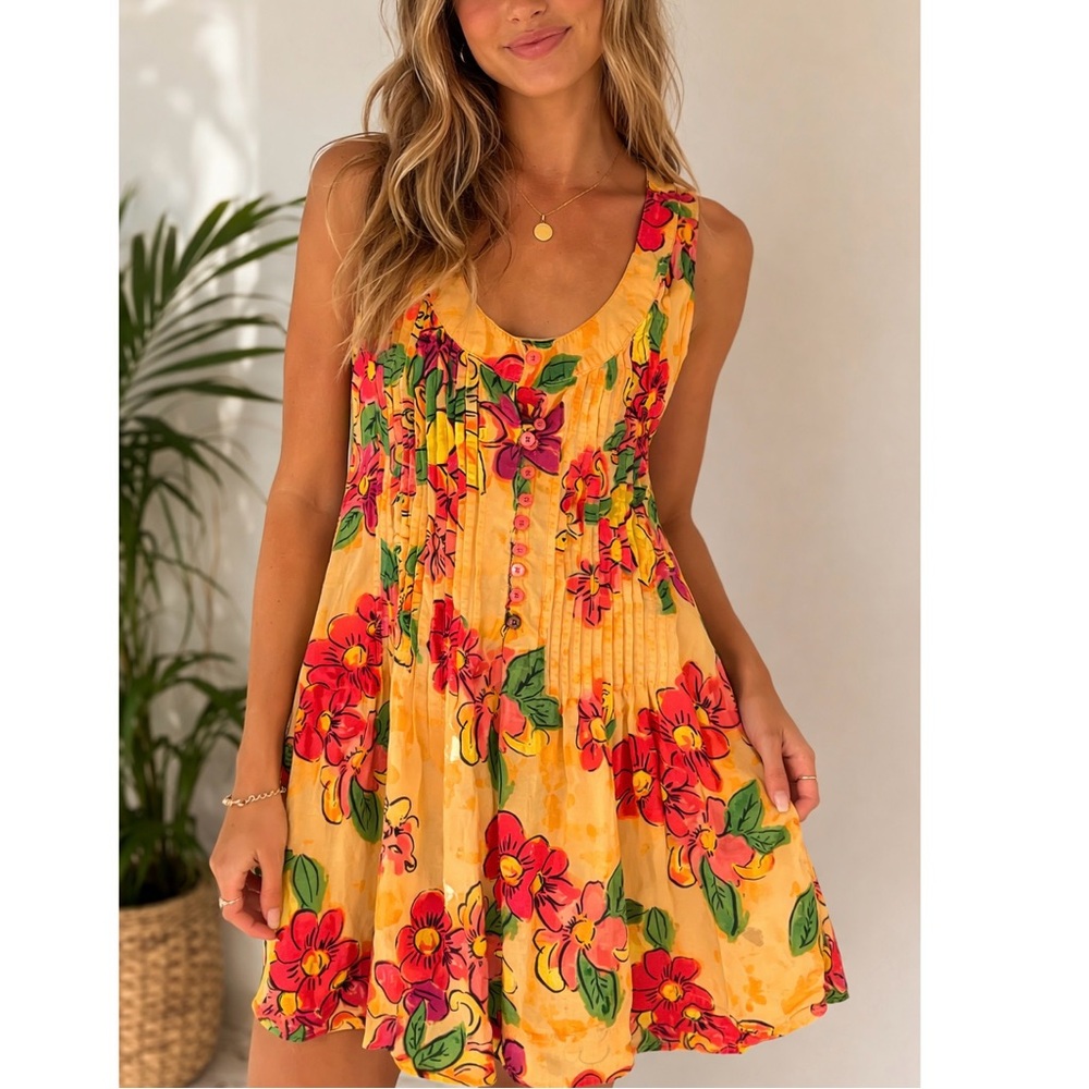 Moda Posa Hawaiian Floral Hibiscus Sundress Small Orange Boho Sleeveless Dress S